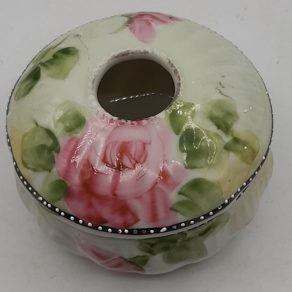 Antique Vintage Hair Receiver Hand Painted Pink Roses Green Leaves Porcelain - Picture 5 of 8